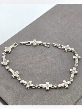 Vintage Avon Cross Bracelet Silver Tone Rhinestone Link Panel 7.5 - 9 Inch